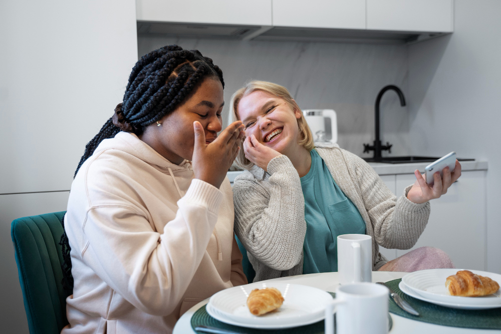 Medium shot friends spending time at home supported living in south wales